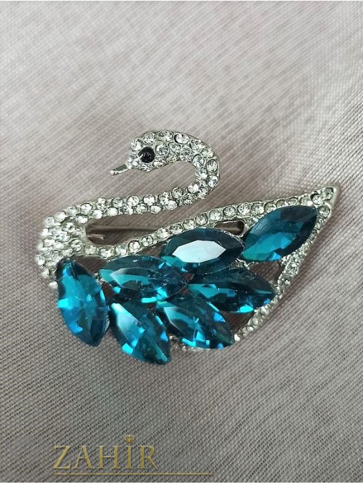 Дамски бижута - Великолепен лебед кристална брошка с изящни фасетирани ярко сини камъни, размери 5 на 4 см, сребриста основа - B1309